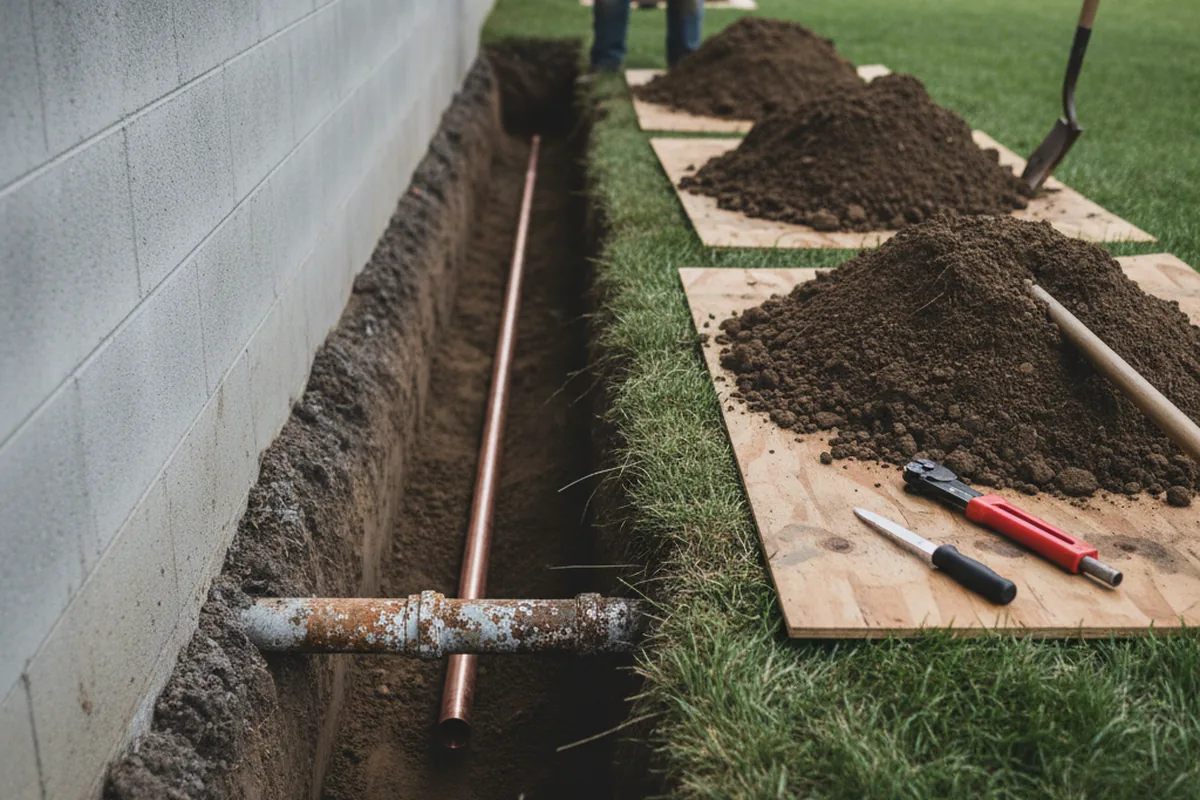 Excavated water line trench during Sewer Line Repair in Vienna